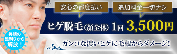ヒゲ脱毛（顔全体）1回3,500円　安心の都度払い　追加料金一切ナシ！ガンコな濃い髭に毛根からダメージ！毎朝の髭剃りから解放！